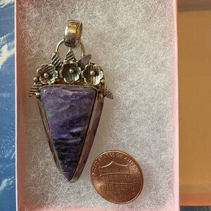 Purple Charoite and Sterling Silver Pendant with flowers, NWOT